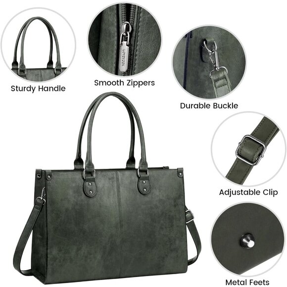 Women's Dark Green 15.6 inch vintage vegan leather and high-density Tote Bag - Picture 4 of 8